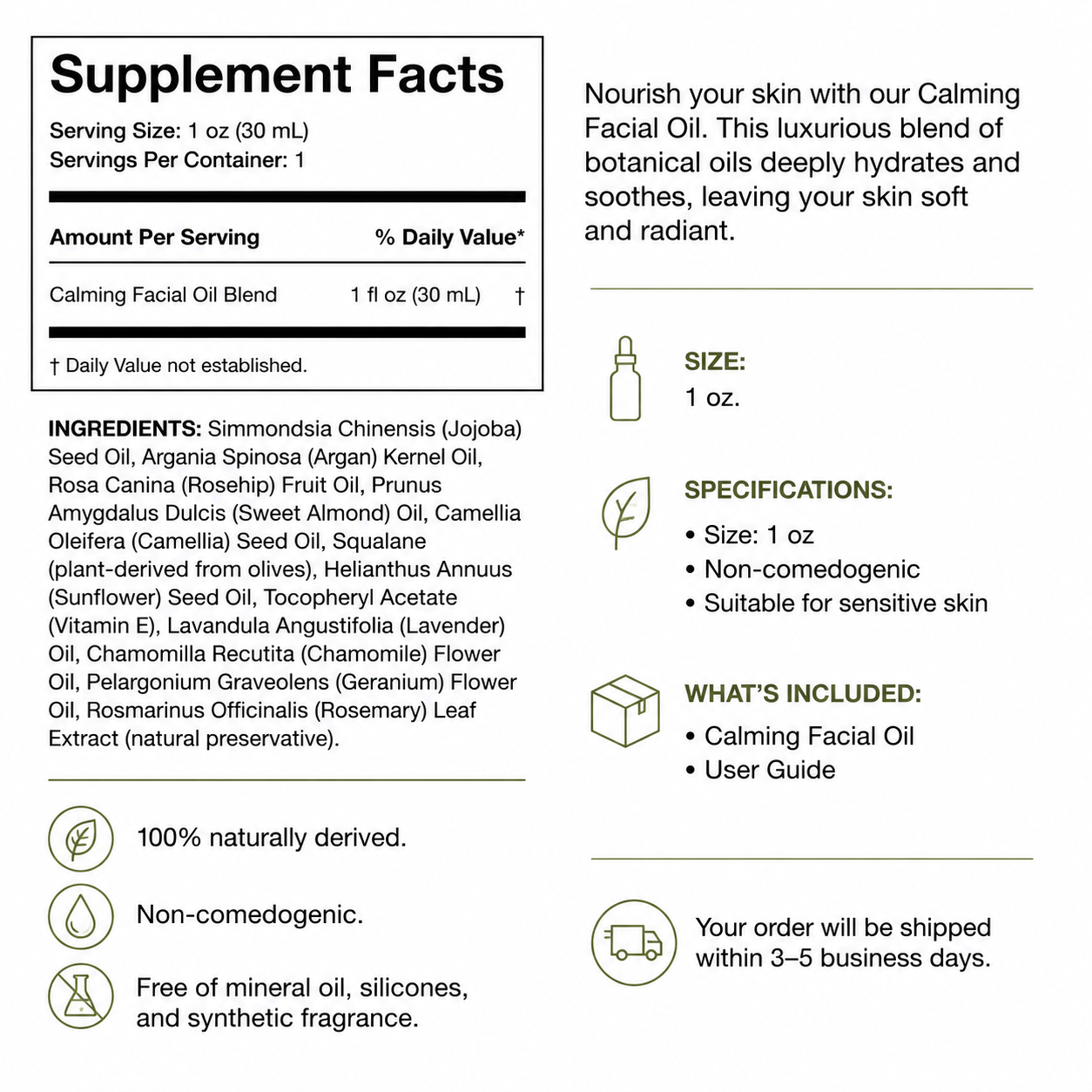 Calming Facial Oil — Supplement Facts