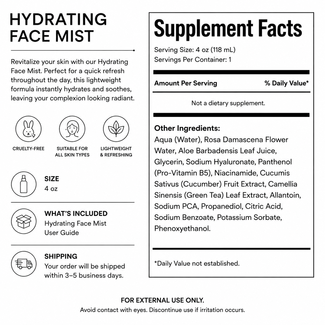 Hydrating Face Mist — Supplement Facts