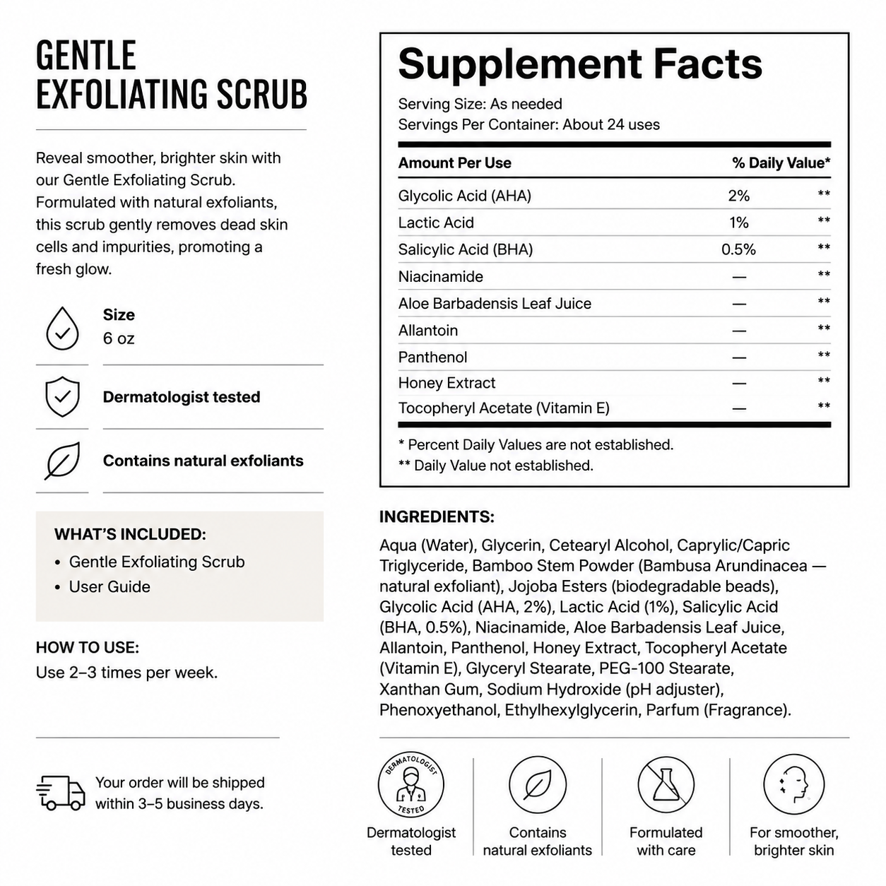 Gentle Exfoliating Scrub — Supplement Facts